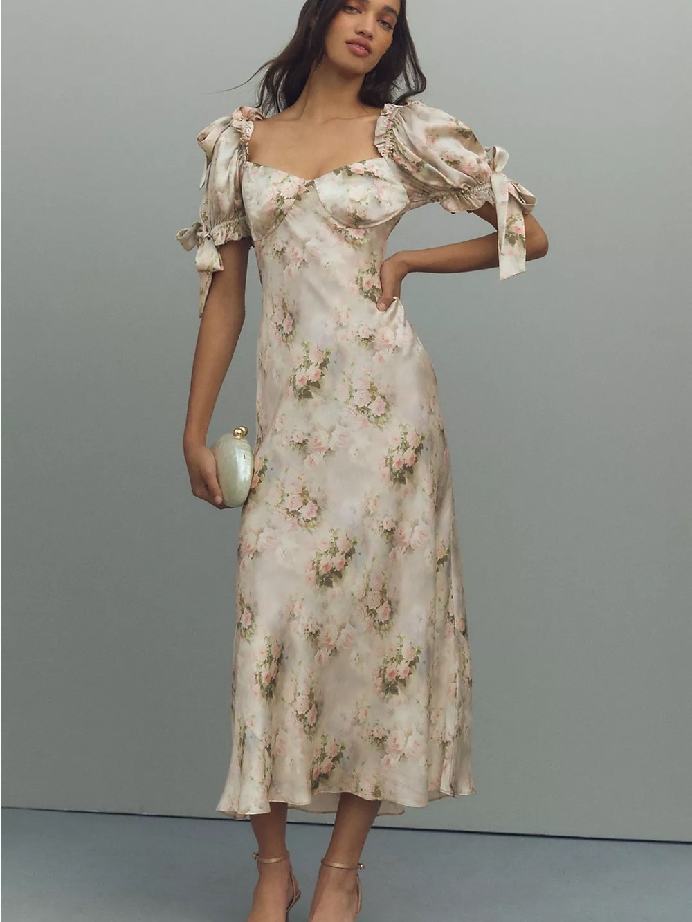 Selkie Poet Puff-Sleeve Sweetheart Silk Charmeuse Slip Midi Dress Floral M